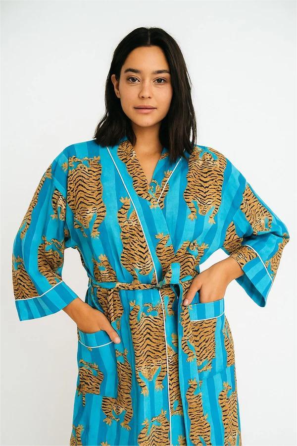 Sunset Orange & Magenta Striped Lounge Kimono | Tiger Motif Cotton Robe | Statement Sleepwear & Resort Wear