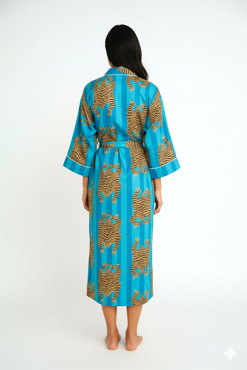 Sunset Orange & Magenta Striped Lounge Kimono | Tiger Motif Cotton Robe | Statement Sleepwear & Resort Wear