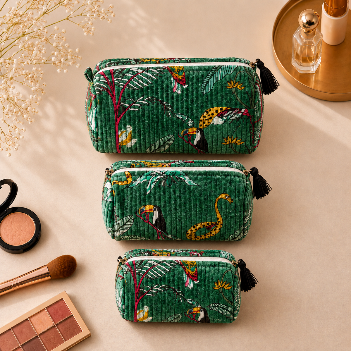 Set Of 3 Makeup Bag, Forest Green Velvet Floral Travel Pouch, Quilted Soft Cosmetic Toiletry Wash Organizer (Copy) (Copy)