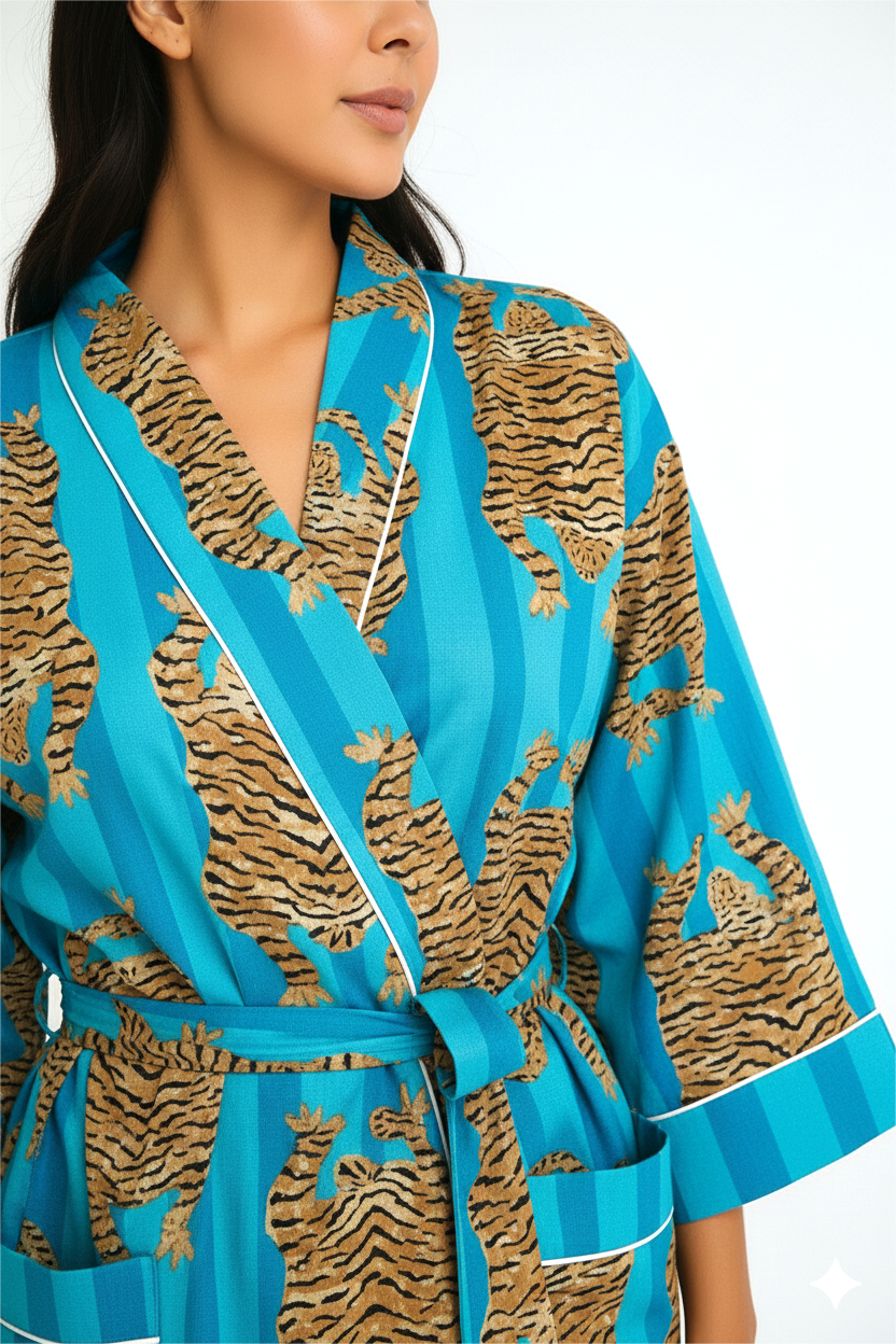 Sunset Orange & Magenta Striped Lounge Kimono | Tiger Motif Cotton Robe | Statement Sleepwear & Resort Wear