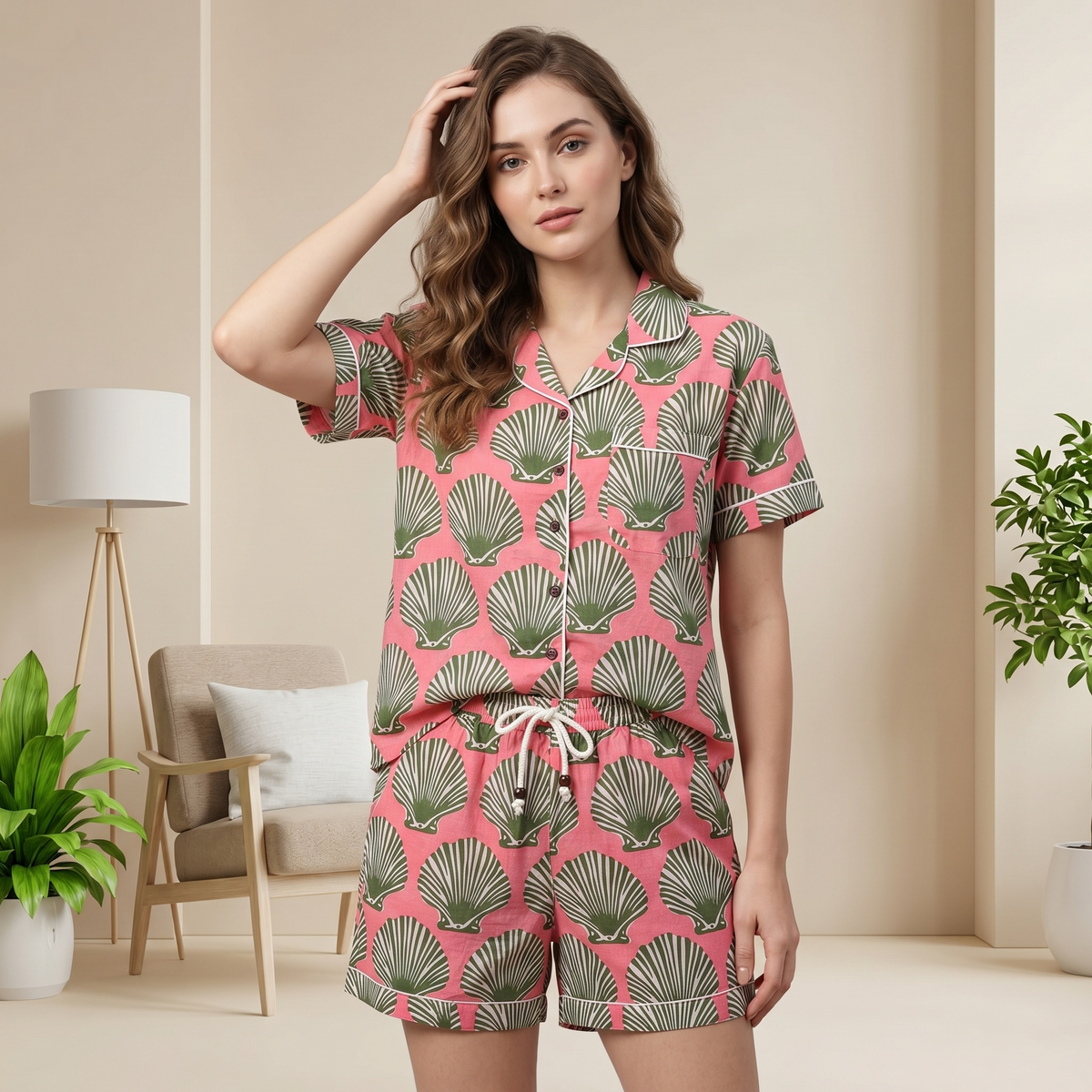Mustard Yellow & Pink Seashell Block Print Cotton Shorts Set, Summer Beach Sleepwear & Loungewear