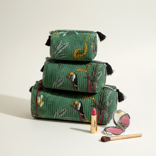 Set Of 3 Makeup Bag, Emerald Green Velvet Toucan Safari Travel Case, Quilted Cosmetic Storage Vanity Pouch Set