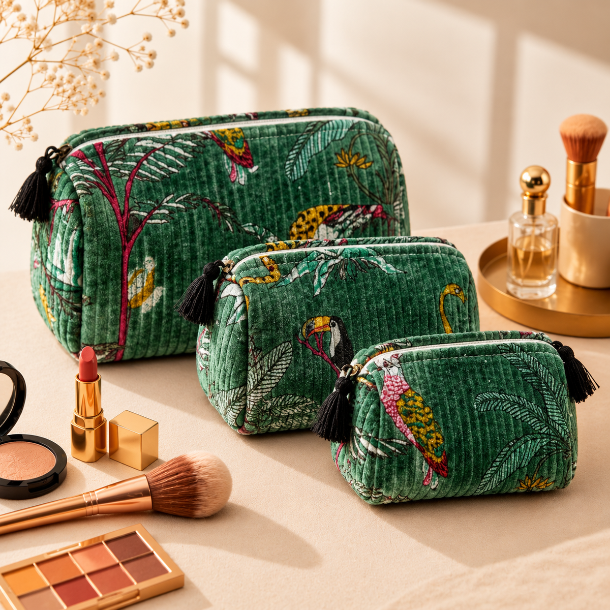 Set Of 3 Makeup Bag, Forest Green Velvet Floral Travel Pouch, Quilted Soft Cosmetic Toiletry Wash Organizer (Copy) (Copy)