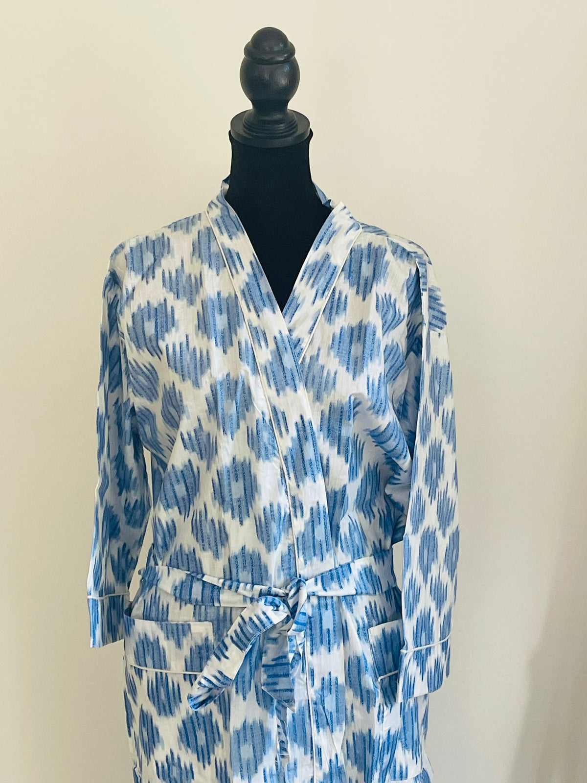 Block Printed Indigo & White Diamond Motif Kimono | Cotton Spa Wrap & Resort Loungewear