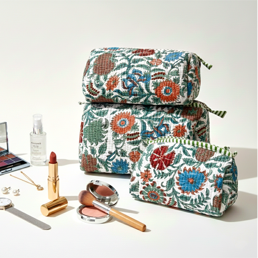 Set Of 3 Makeup Bag, Jaipur Bagh Floral Block Print Cotton Toiletry Kit, Quilted Travel Cosmetic Pouch