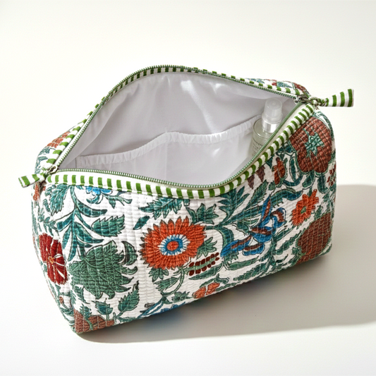 Set Of 3 Makeup Bag, Jaipur Bagh Floral Block Print Cotton Toiletry Kit, Quilted Travel Cosmetic Pouch