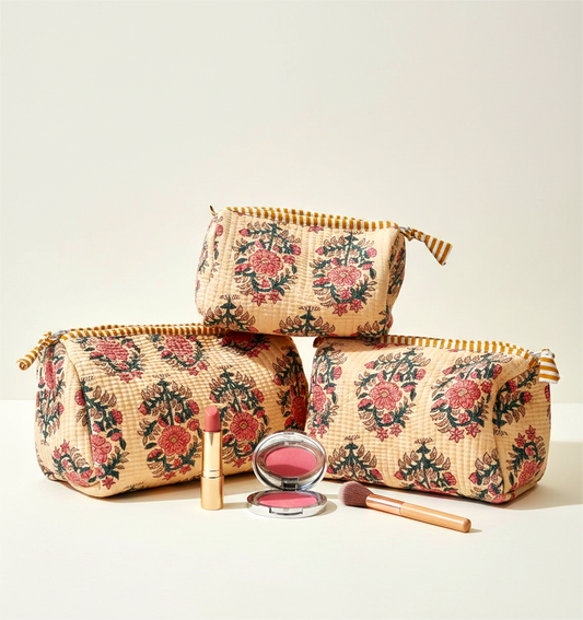 Set Of 3 Makeup Bag, Gulab Bagh Floral Block Print Cotton Travel Case, Quilted Cosmetic Storage Bag Set