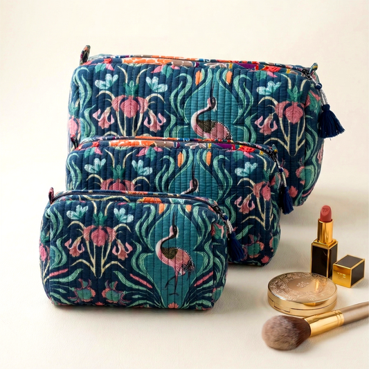 Set Of 3 Makeup Bag, Mayura Teal Crane Bird Block Print Cotton Wash Pouch, Quilted Travel Cosmetic Storage Bag Set