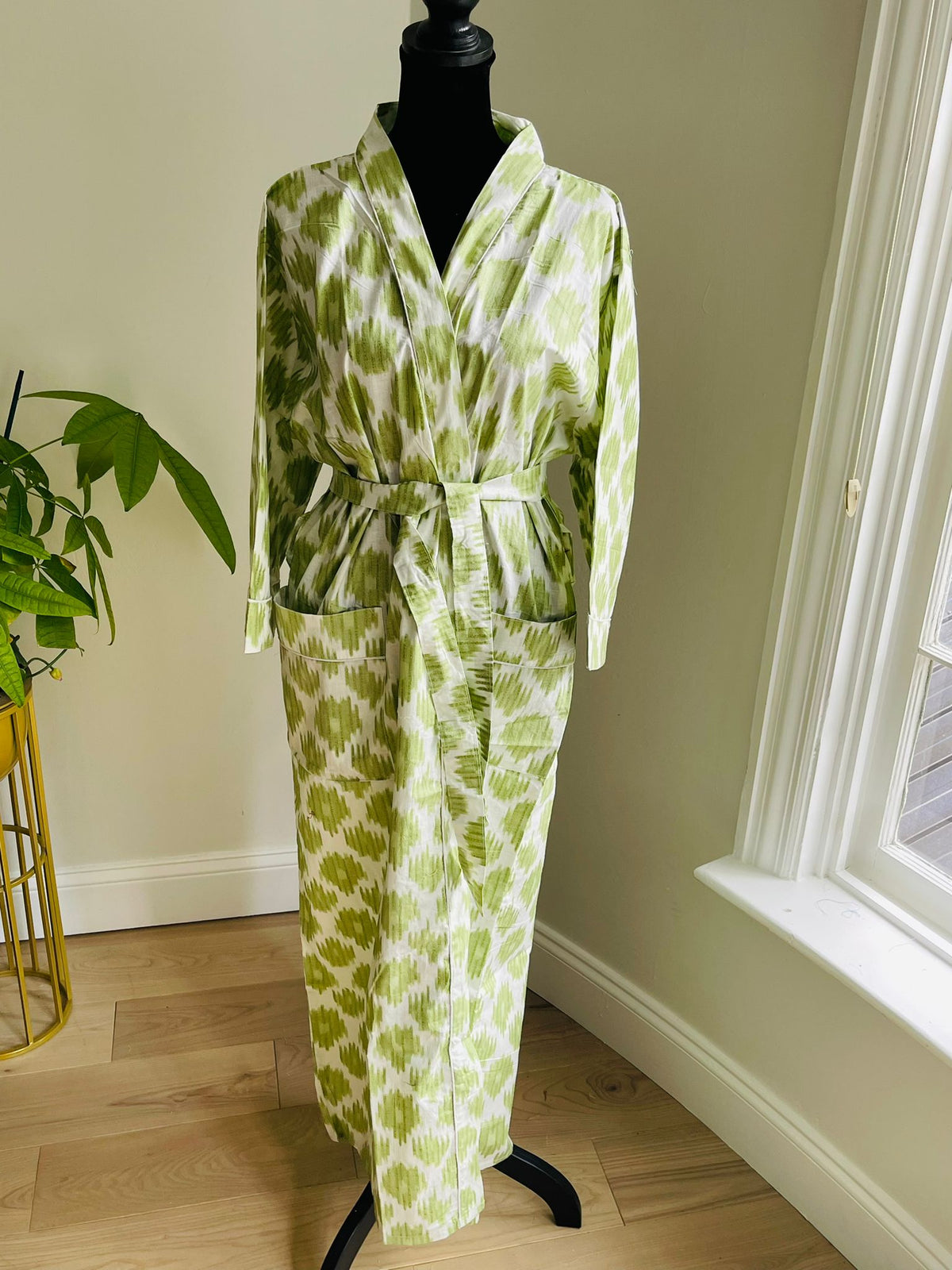 Block Printed Indigo & White Diamond Motif Kimono | Cotton Spa Wrap & Resort Loungewear