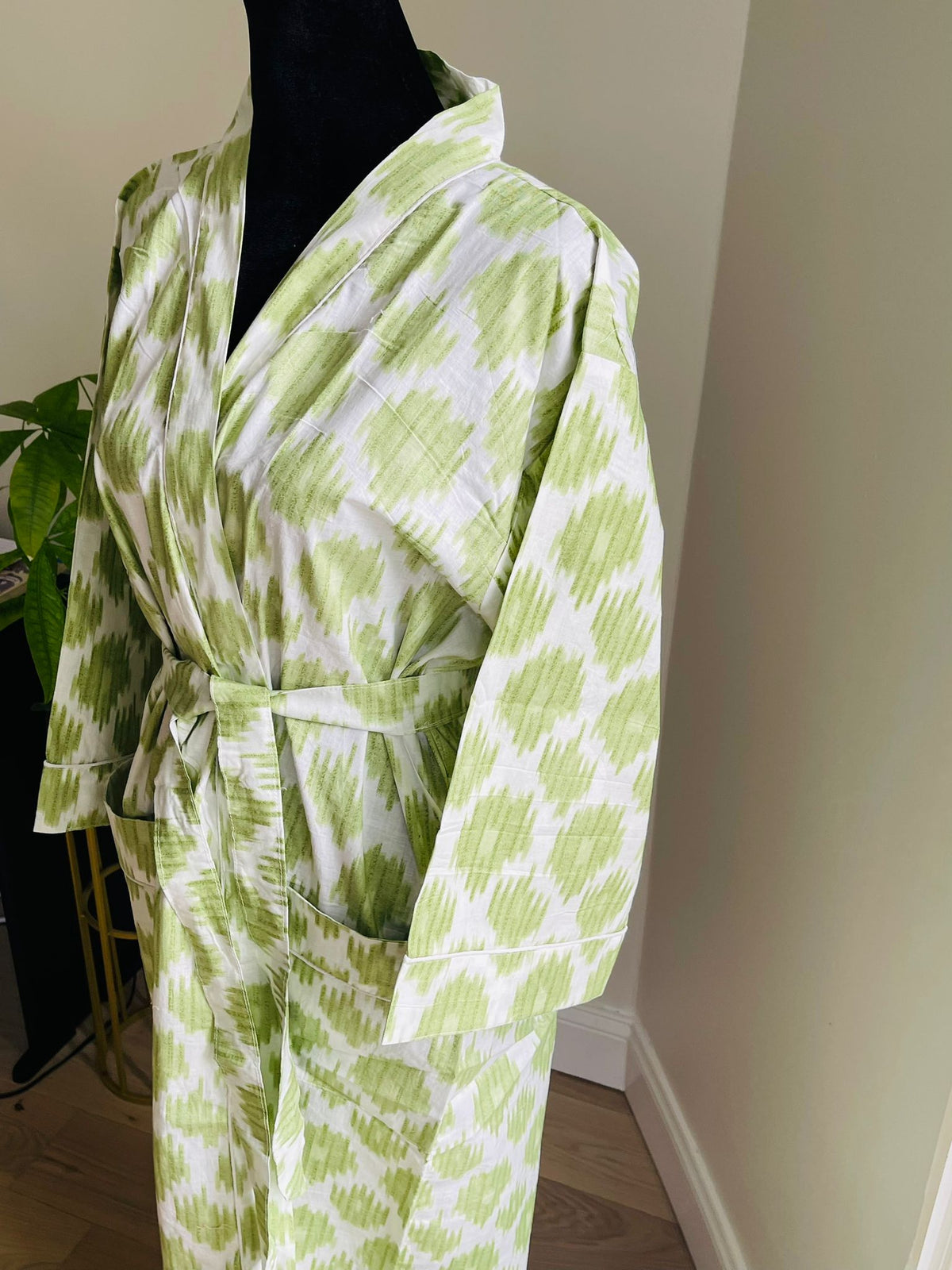 Block Printed Indigo & White Diamond Motif Kimono | Cotton Spa Wrap & Resort Loungewear