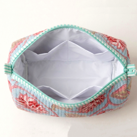 Set Of 3 Makeup Bag, Neel Lotus Floral Block Print Cotton Storage Kit, Quilted Travel Vanity Cosmetic Bag