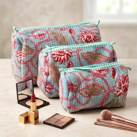 Set Of 3 Makeup Bag, Neel Lotus Floral Block Print Cotton Storage Kit, Quilted Travel Vanity Cosmetic Bag