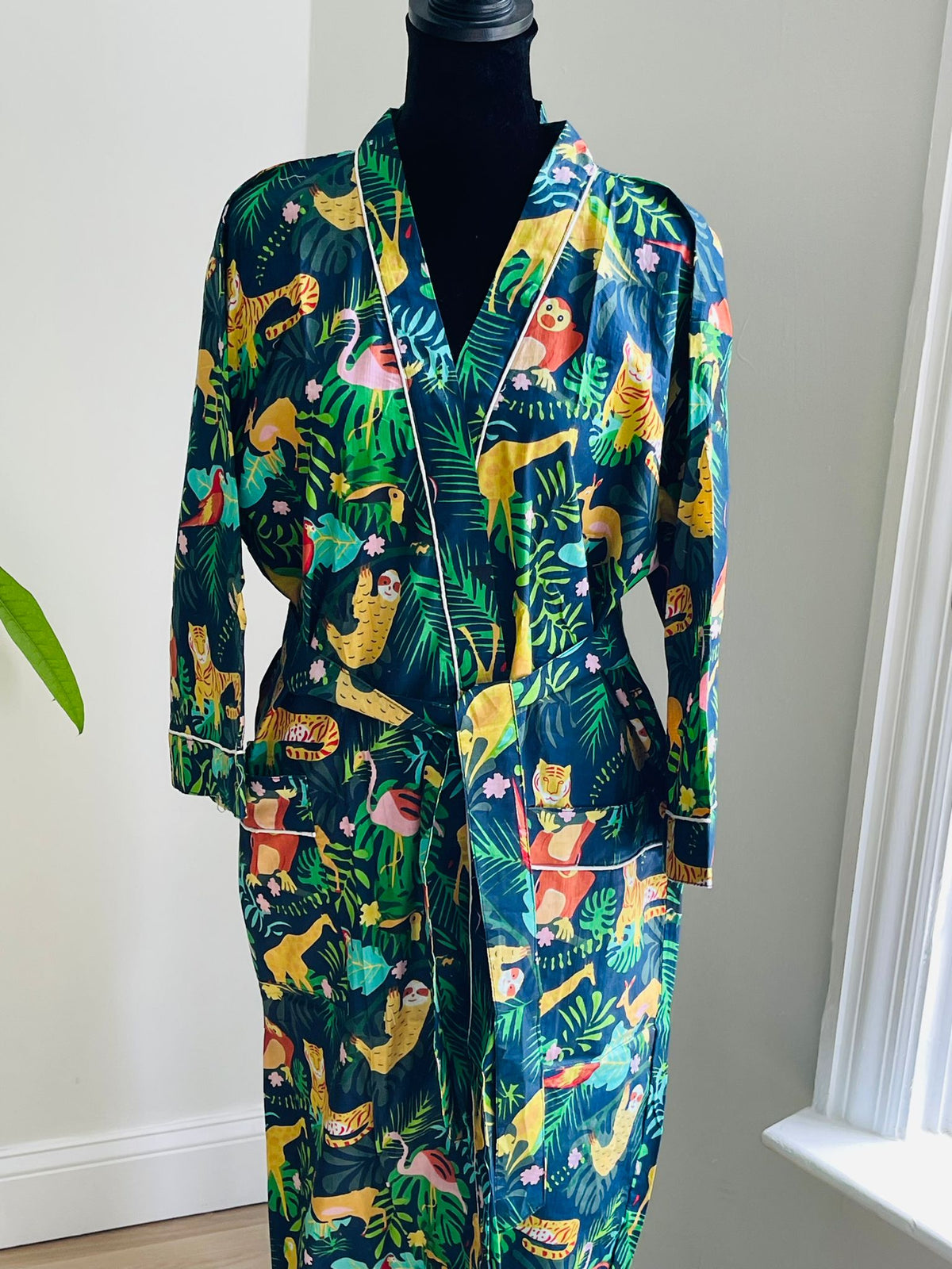Navy Blue & Multicolored Tropical Animal Print Cotton Kimono | Jungle Foliage & Sloth Motif Bathrobe