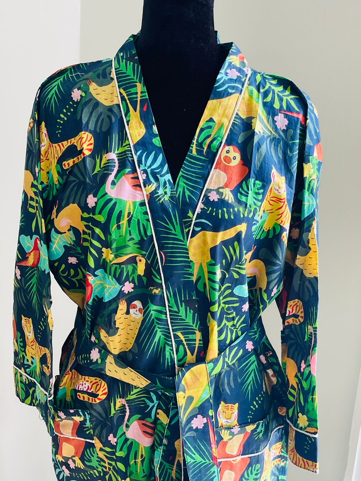 Navy Blue & Multicolored Tropical Animal Print Cotton Kimono | Jungle Foliage & Sloth Motif Bathrobe