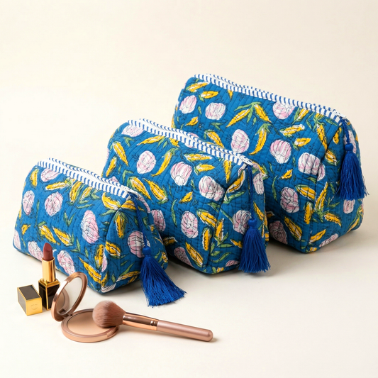 Set Of 3 Makeup Bag, Neel Bloom Floral Block Print Cotton Travel Case, Quilted Cosmetic Storage Bag Set