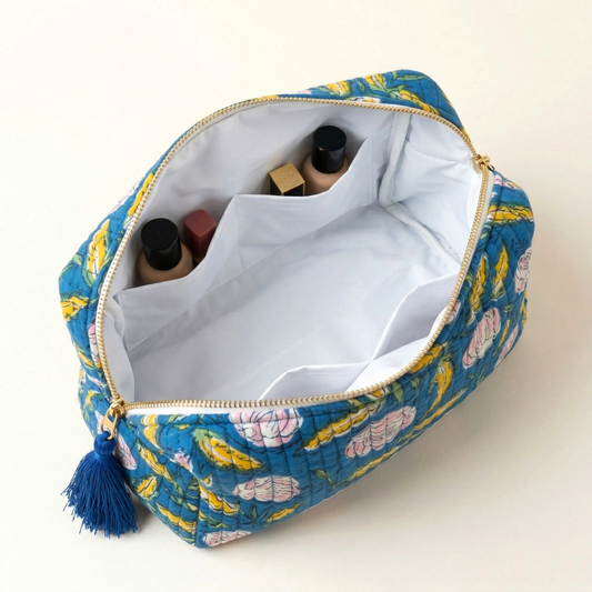 Set Of 3 Makeup Bag, Neel Bloom Floral Block Print Cotton Travel Case, Quilted Cosmetic Storage Bag Set