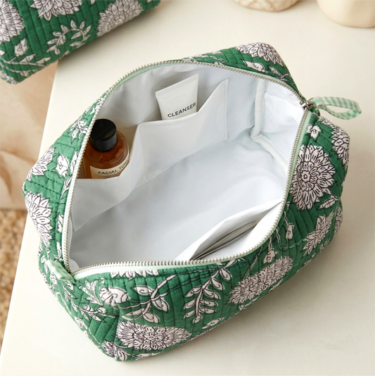 Set Of 3 Makeup Bag, Emerald Bagh Floral Block Print Cotton Travel Case, Quilted Cosmetic Storage Bag Set