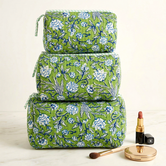 Set Of 3 Makeup Bag, Lime Bloom Floral Block Print Cotton Travel Case, Quilted Cosmetic Storage Bag Set