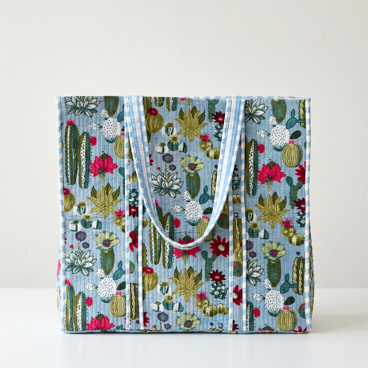 Handmade Blue Cactus Print Quilted Cotton Tote Bag, Indian Block Print Succulent Boho Shoulder Bag, Botanical Travel Beach Bag