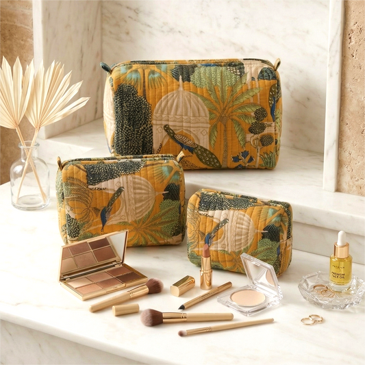 Set Of 3 Makeup Bag, Saffron Palace Peacock Block Print Cotton Travel Case, Quilted Cosmetic Storage Bag Set