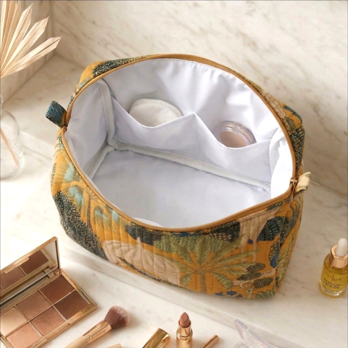 Set Of 3 Makeup Bag, Saffron Palace Peacock Block Print Cotton Travel Case, Quilted Cosmetic Storage Bag Set