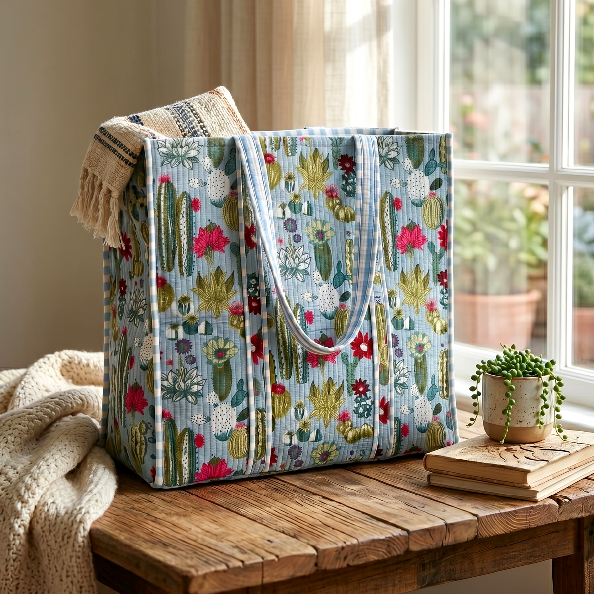 Handmade Blue Cactus Print Quilted Cotton Tote Bag, Indian Block Print Succulent Boho Shoulder Bag, Botanical Travel Beach Bag