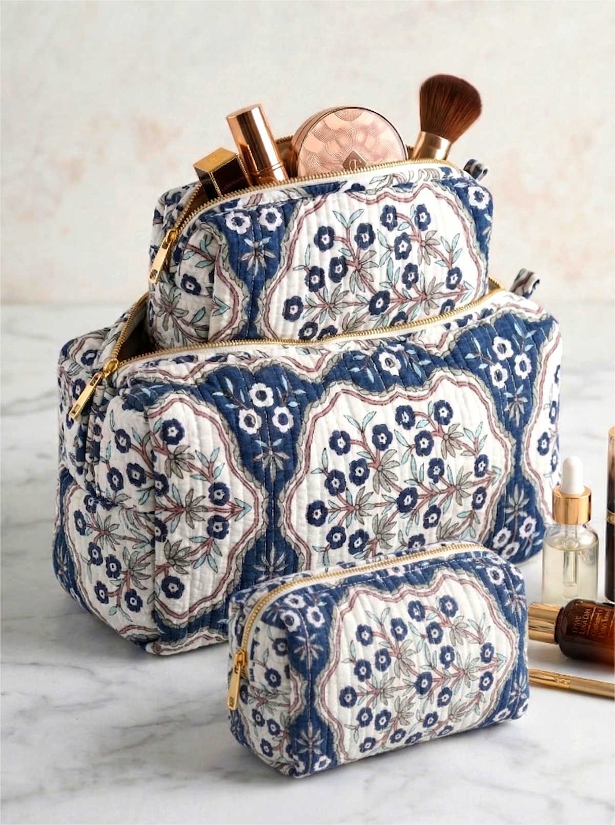 Set Of 3 Makeup Bag, Ganga Indigo Floral Block Print Cotton Travel Case, Quilted Cosmetic Storage Bag Set