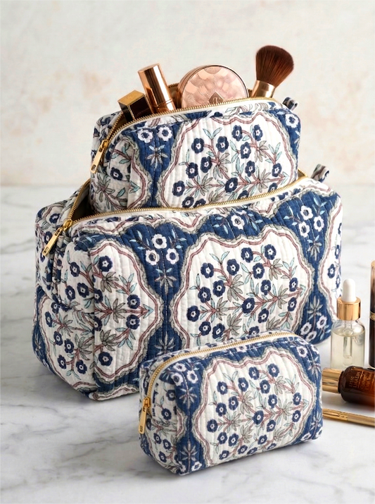 Set Of 3 Makeup Bag, Ganga Indigo Floral Block Print Cotton Travel Case, Quilted Cosmetic Storage Bag Set