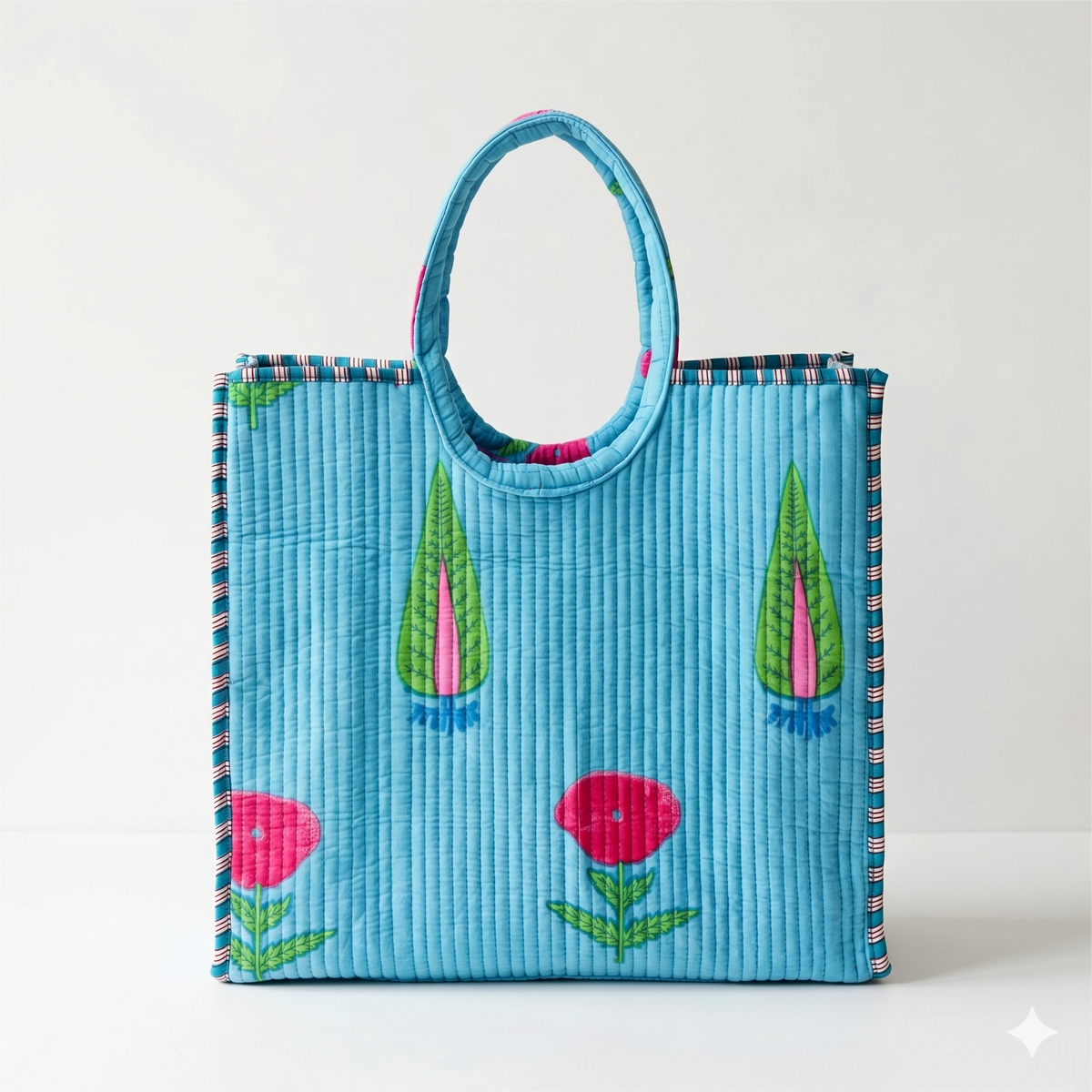 Handmade Blue Floral Block Print Quilted Cotton Tote Bag, Indian Boho Shoulder Bag, Minimalist Botanical Travel Beach Bag