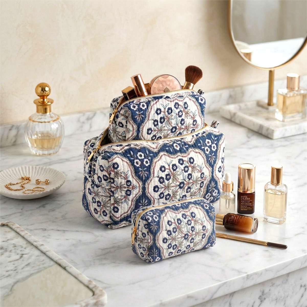 Set Of 3 Makeup Bag, Ganga Indigo Floral Block Print Cotton Travel Case, Quilted Cosmetic Storage Bag Set