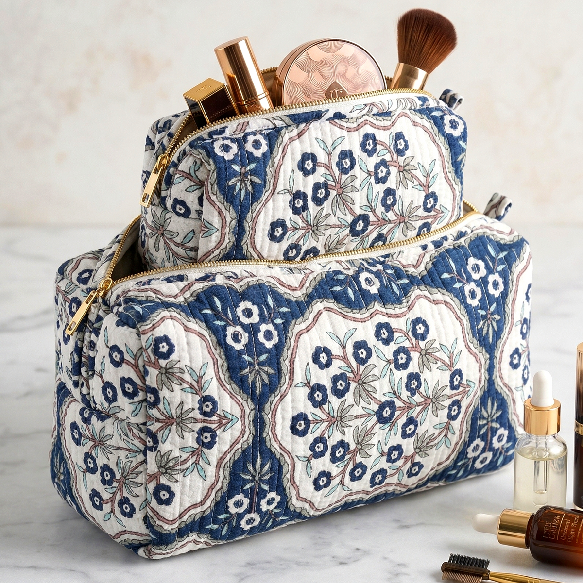 Set Of 3 Makeup Bag, Ganga Indigo Floral Block Print Cotton Travel Case, Quilted Cosmetic Storage Bag Set
