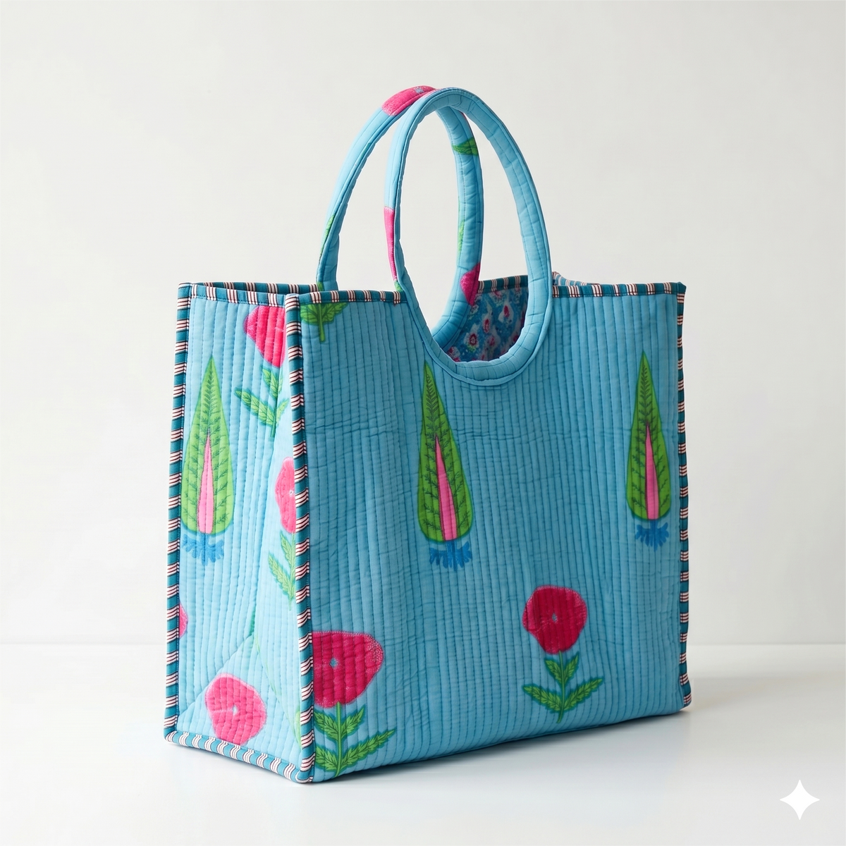 Handmade Blue Floral Block Print Quilted Cotton Tote Bag, Indian Boho Shoulder Bag, Minimalist Botanical Travel Beach Bag