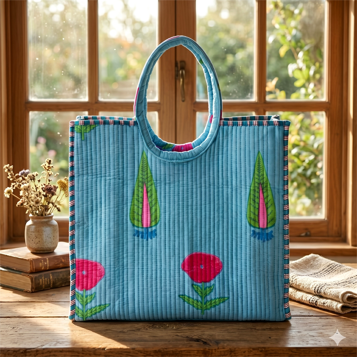 Handmade Blue Floral Block Print Quilted Cotton Tote Bag, Indian Boho Shoulder Bag, Minimalist Botanical Travel Beach Bag