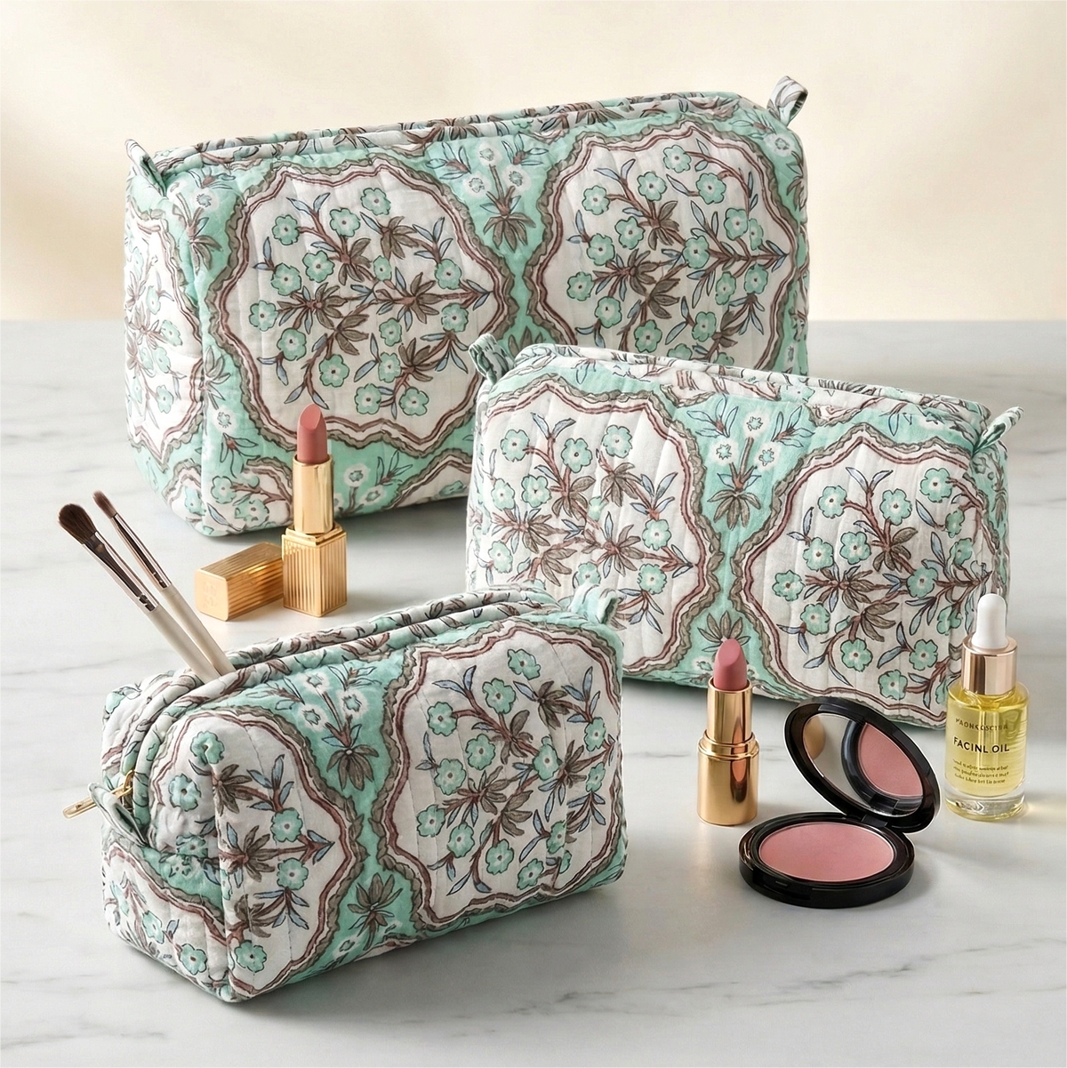 Set Of 3 Makeup Bag, Meera Mint Floral Block Print Cotton Travel Case, Quilted Cosmetic Storage Bag Set
