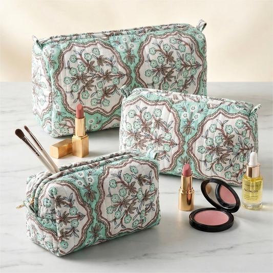 Set Of 3 Makeup Bag, Meera Mint Floral Block Print Cotton Travel Case, Quilted Cosmetic Storage Bag Set