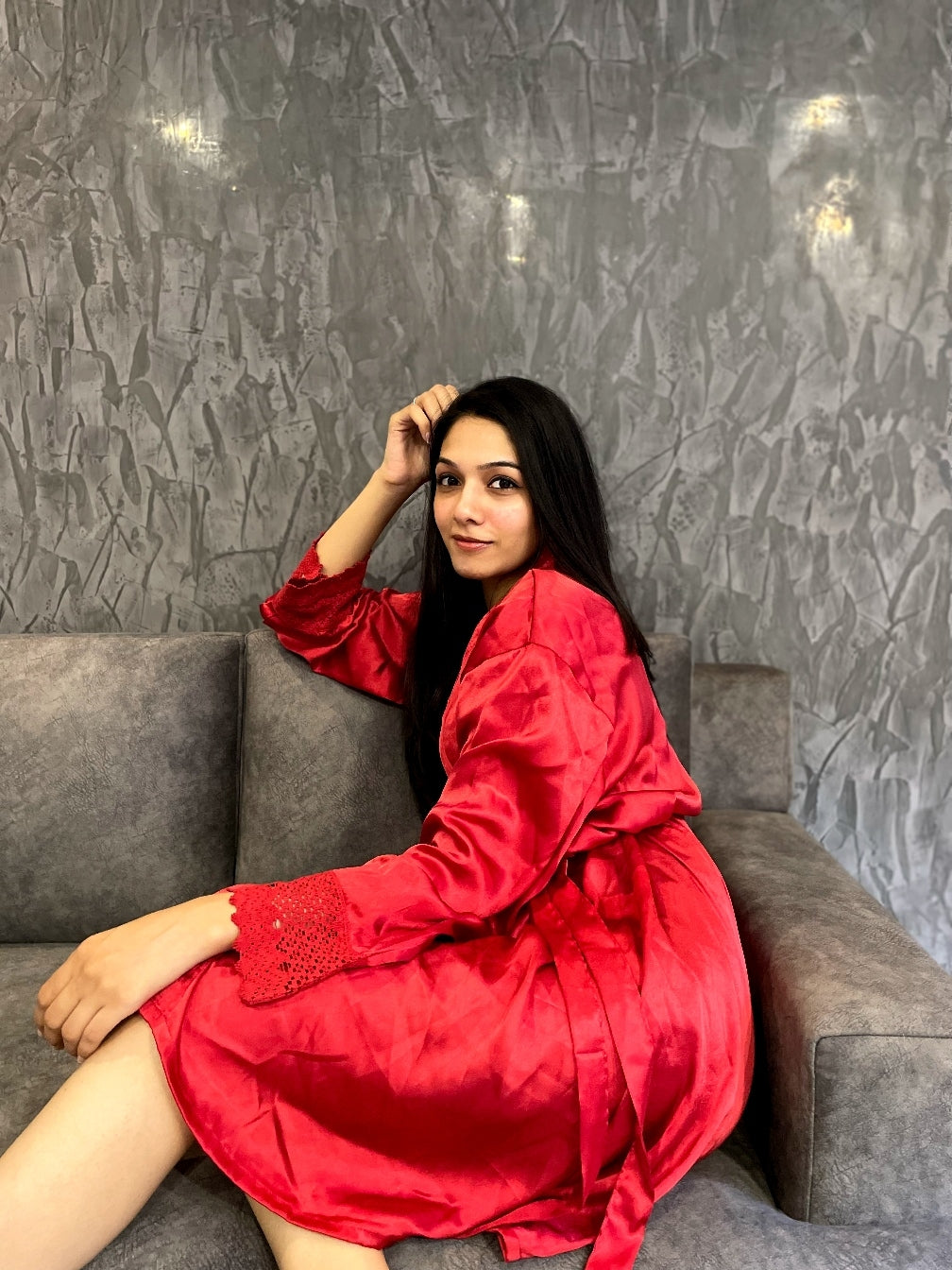 Crimson Red Silk Satin Short Bathrobe | Lace Trim Sleeves Luxury Nightwear &amp; Bridal Lingerie | Robe With Eye Sleeping Mask