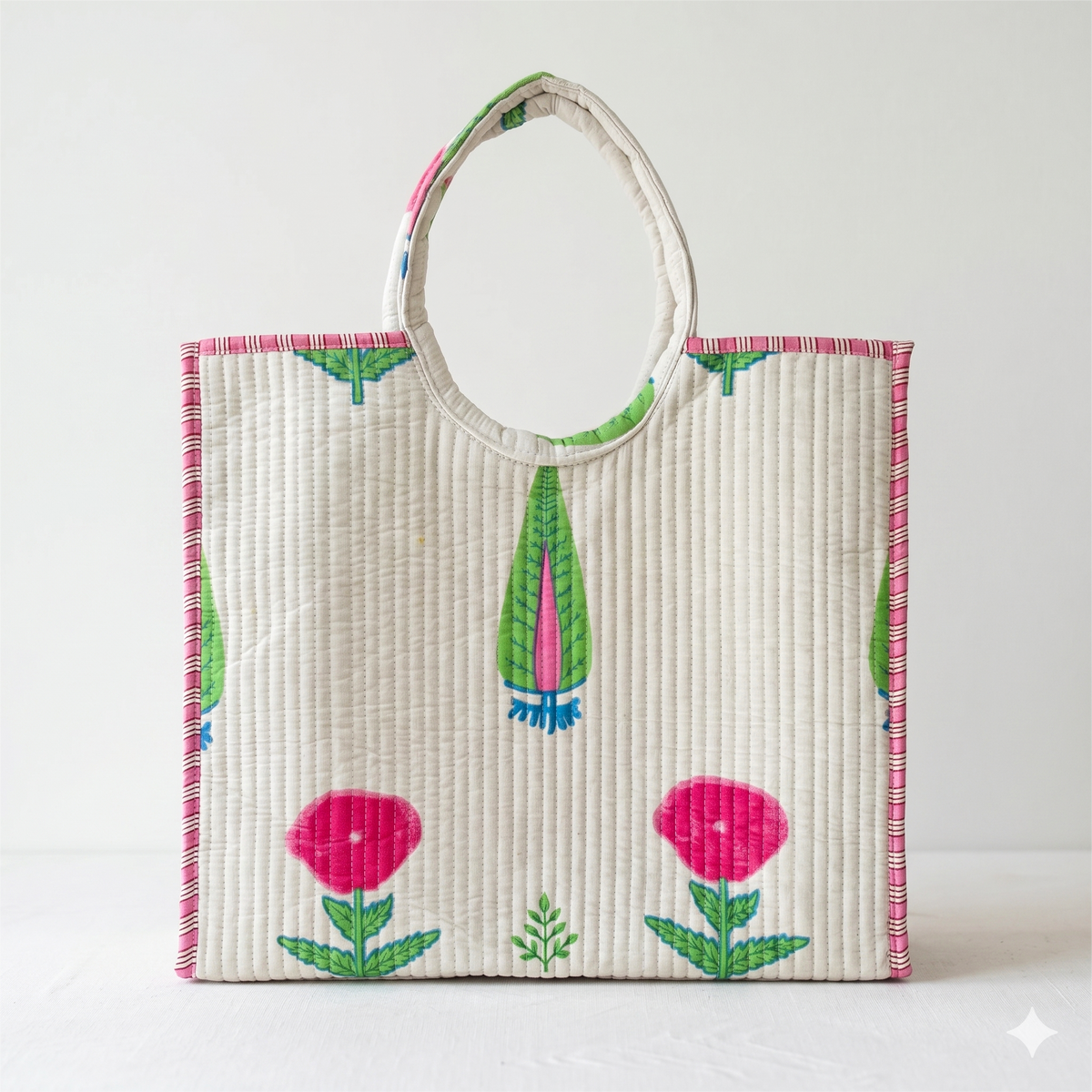 Handmade Blue Floral Block Print Quilted Cotton Tote Bag, Indian Boho Shoulder Bag, Minimalist Botanical Travel Beach Bag
