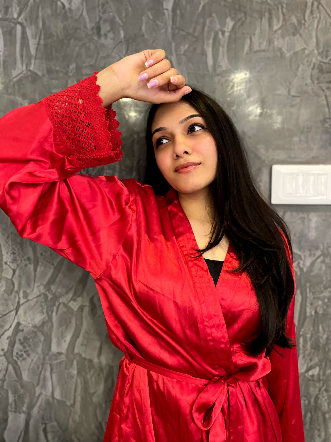 Crimson Red Silk Satin Short Bathrobe | Lace Trim Sleeves Luxury Nightwear &amp; Bridal Lingerie | Robe With Eye Sleeping Mask