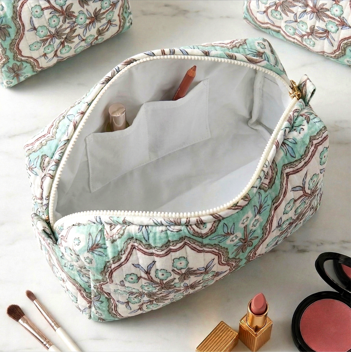 Set Of 3 Makeup Bag, Meera Mint Floral Block Print Cotton Travel Case, Quilted Cosmetic Storage Bag Set