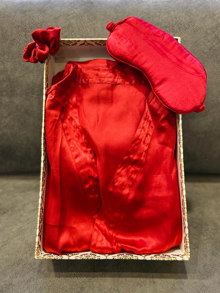 Crimson Red Silk Satin Short Bathrobe | Lace Trim Sleeves Luxury Nightwear &amp; Bridal Lingerie | Robe With Eye Sleeping Mask