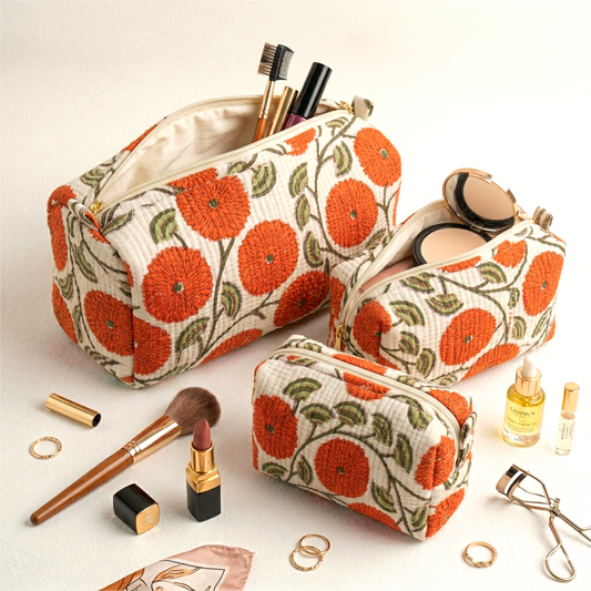 Set Of 3 Makeup Bag, Ivory  Bagh Botanical Block Print Cotton Travel Pouch, Quilted Vanity Storage Bag Set
