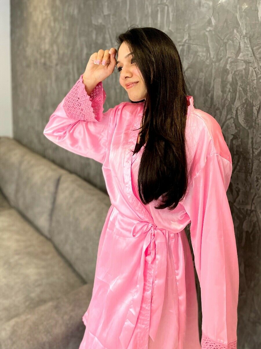 Crimson Red Silk Satin Short Bathrobe | Lace Trim Sleeves Luxury Nightwear &amp; Bridal Lingerie | Robe With Eye Sleeping Mask