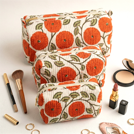Set Of 3 Makeup Bag, Ivory  Bagh Botanical Block Print Cotton Travel Pouch, Quilted Vanity Storage Bag Set