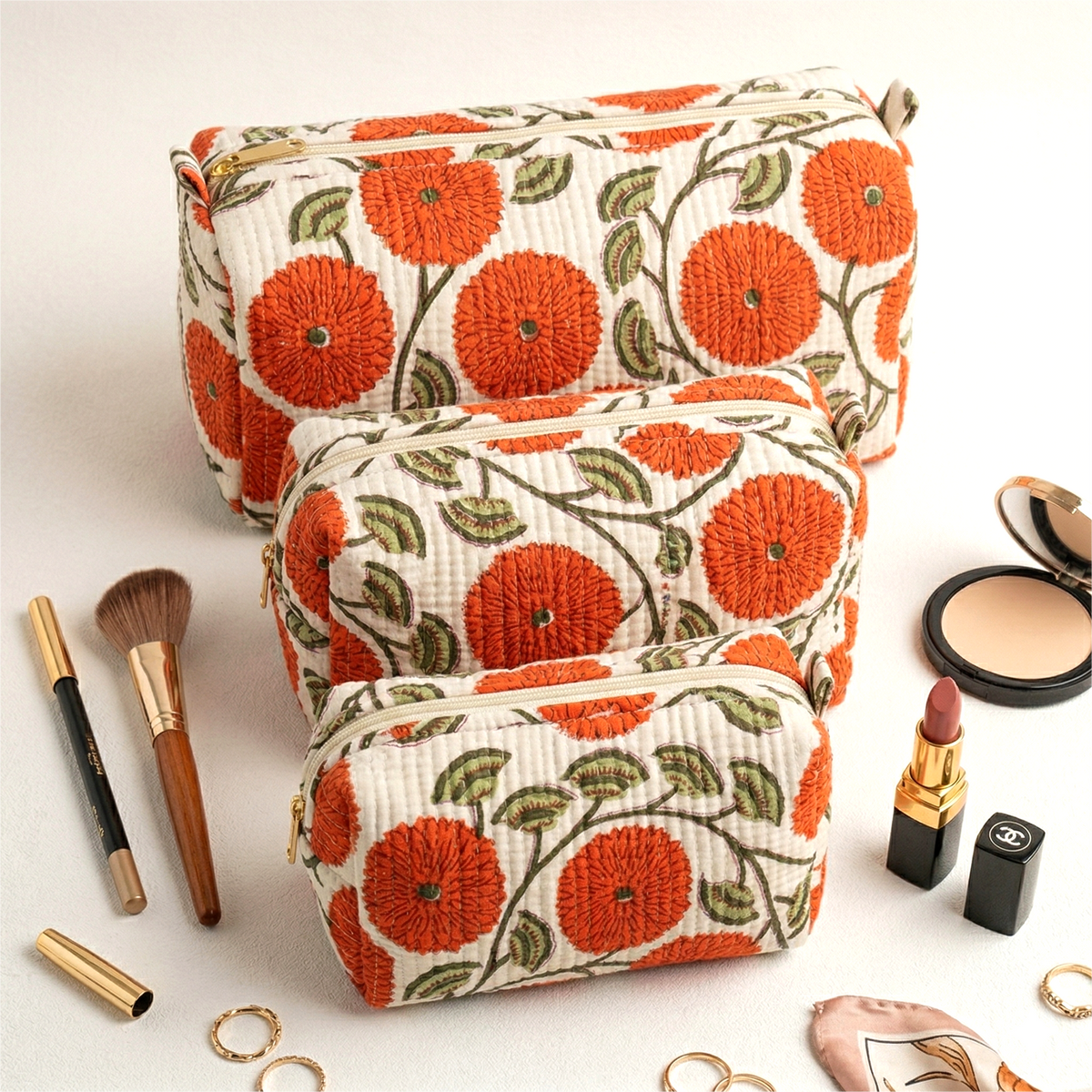 Set Of 3 Makeup Bag, Kesari Vine Floral Block Print Cotton Travel Case, Quilted Cosmetic Storage Bag Set