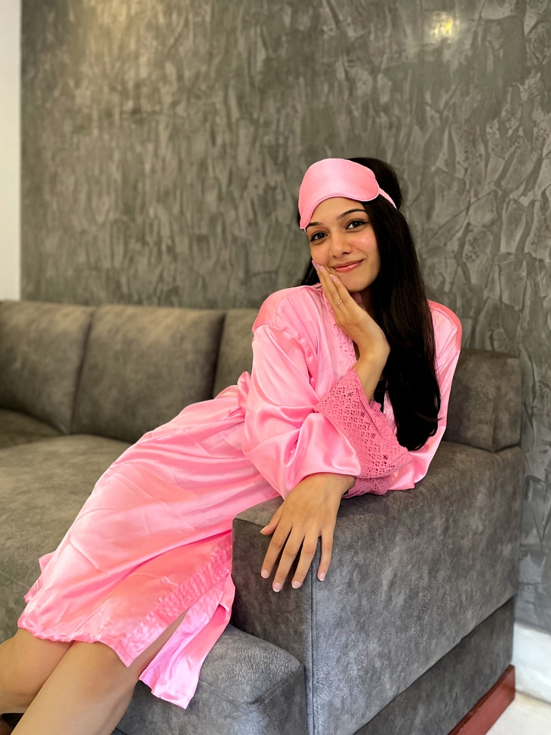 Crimson Red Silk Satin Short Bathrobe | Lace Trim Sleeves Luxury Nightwear &amp; Bridal Lingerie | Robe With Eye Sleeping Mask