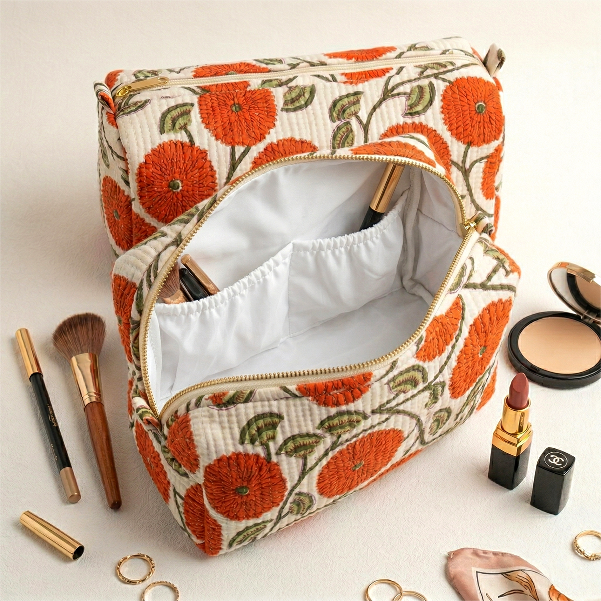 Set Of 3 Makeup Bag, Kesari Vine Floral Block Print Cotton Travel Case, Quilted Cosmetic Storage Bag Set