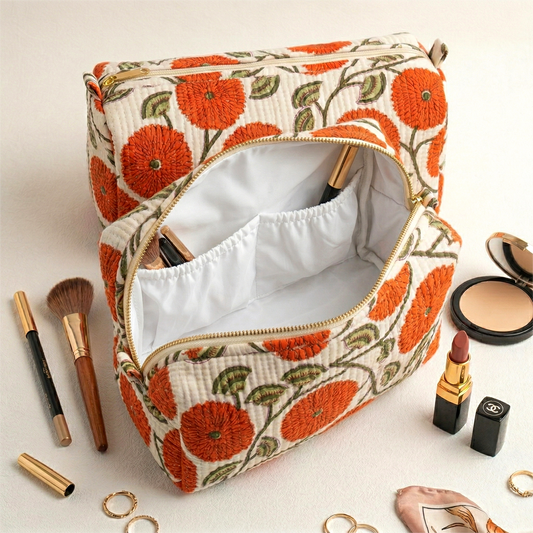 Set Of 3 Makeup Bag, Kesari Vine Floral Block Print Cotton Travel Case, Quilted Cosmetic Storage Bag Set