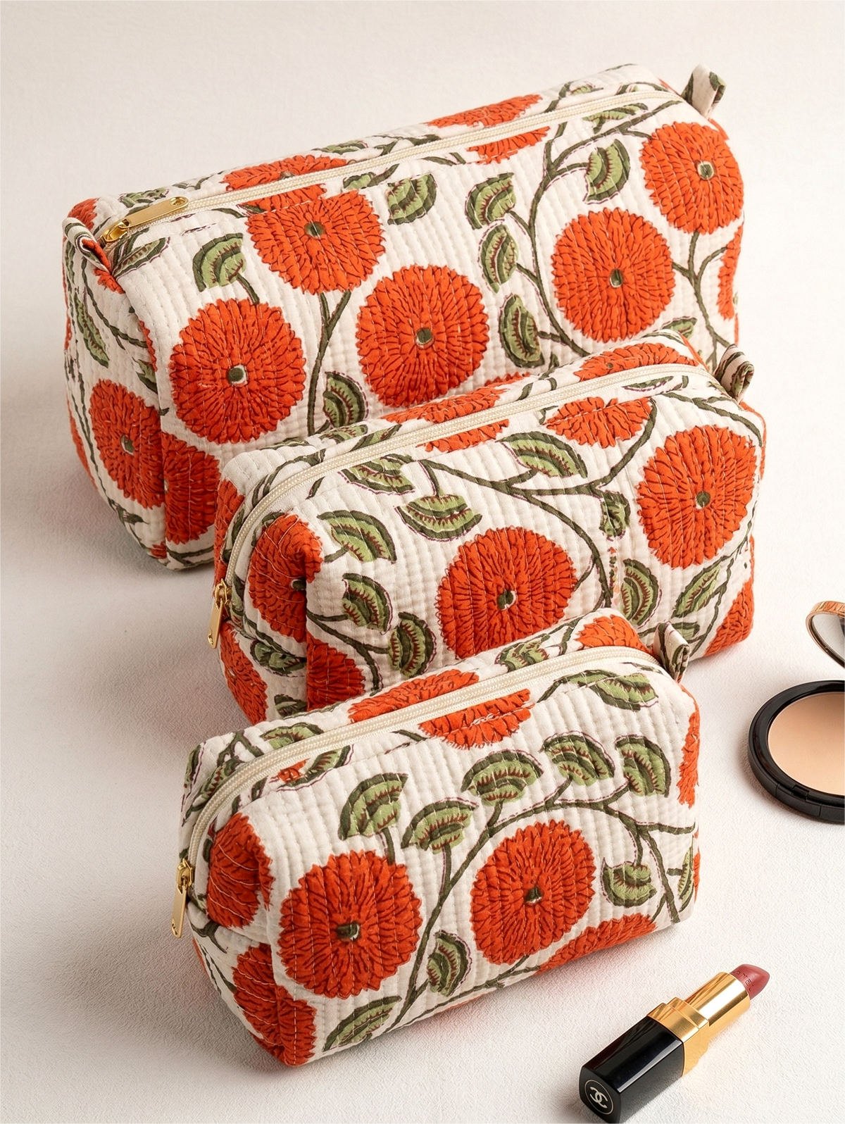 Set Of 3 Makeup Bag, Kesari Vine Floral Block Print Cotton Travel Case, Quilted Cosmetic Storage Bag Set