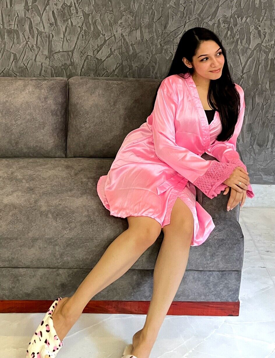 Crimson Red Silk Satin Short Bathrobe | Lace Trim Sleeves Luxury Nightwear &amp; Bridal Lingerie | Robe With Eye Sleeping Mask