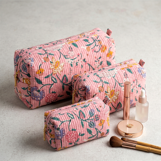 Set Of 3 Makeup Bag, Rooh Flora Block Print Cotton Travel Case, Quilted Cosmetic Storage Bag Set